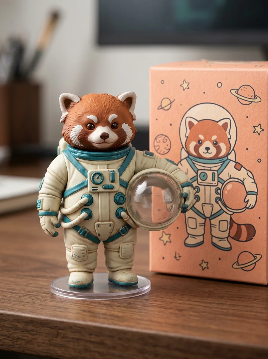 Red-panda astronaut collectible on a clear base beside its illustrated box