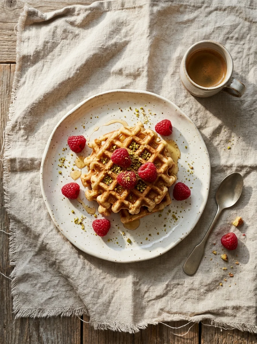 Waffles with raspberries, honey and pistachios on a linen breakfast table