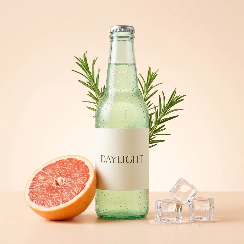 DAYLIGHT glass drink bottle with grapefruit, rosemary and ice on a peach background