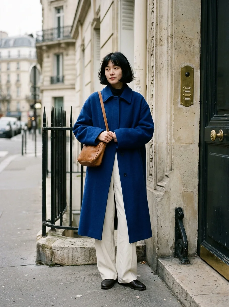 Model in a cobalt coat and ivory trousers outside a Parisian stone doorway