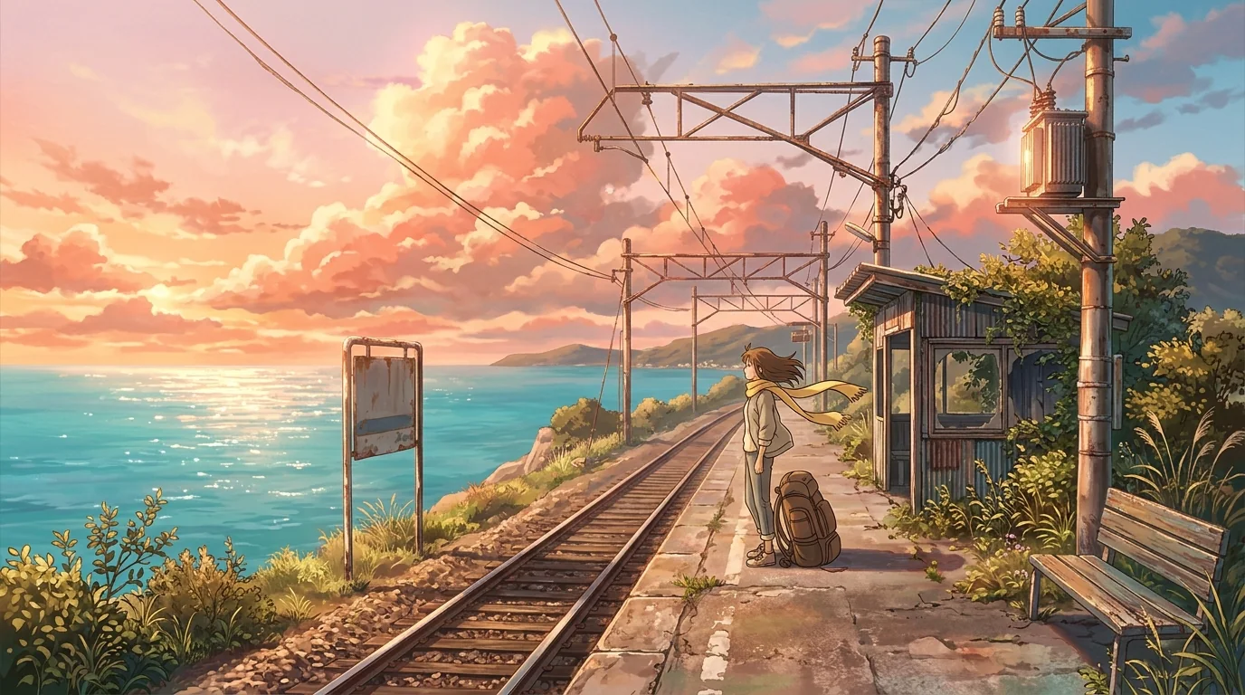 Anime traveler with a yellow scarf at a seaside railway station at sunset