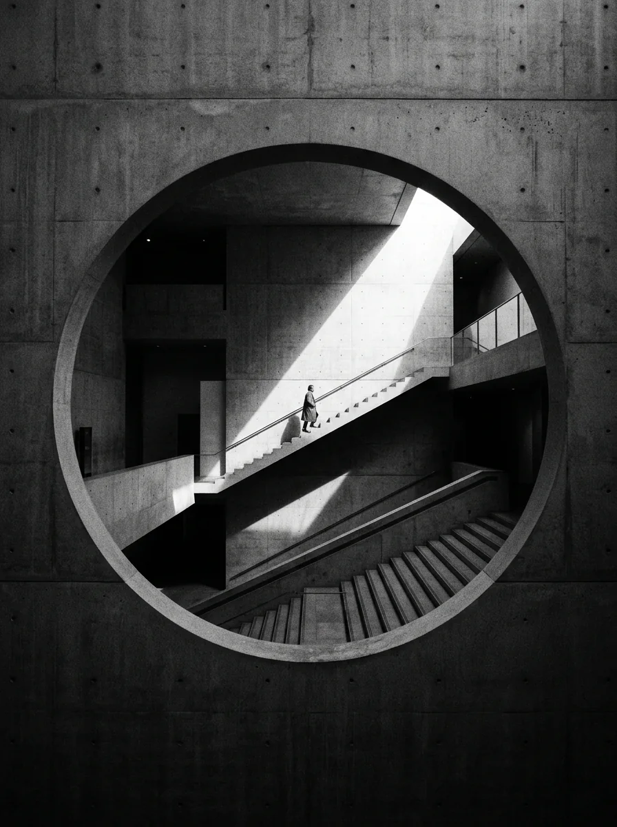 Black-and-white circular concrete staircase with a solitary figure and diagonal sunlight