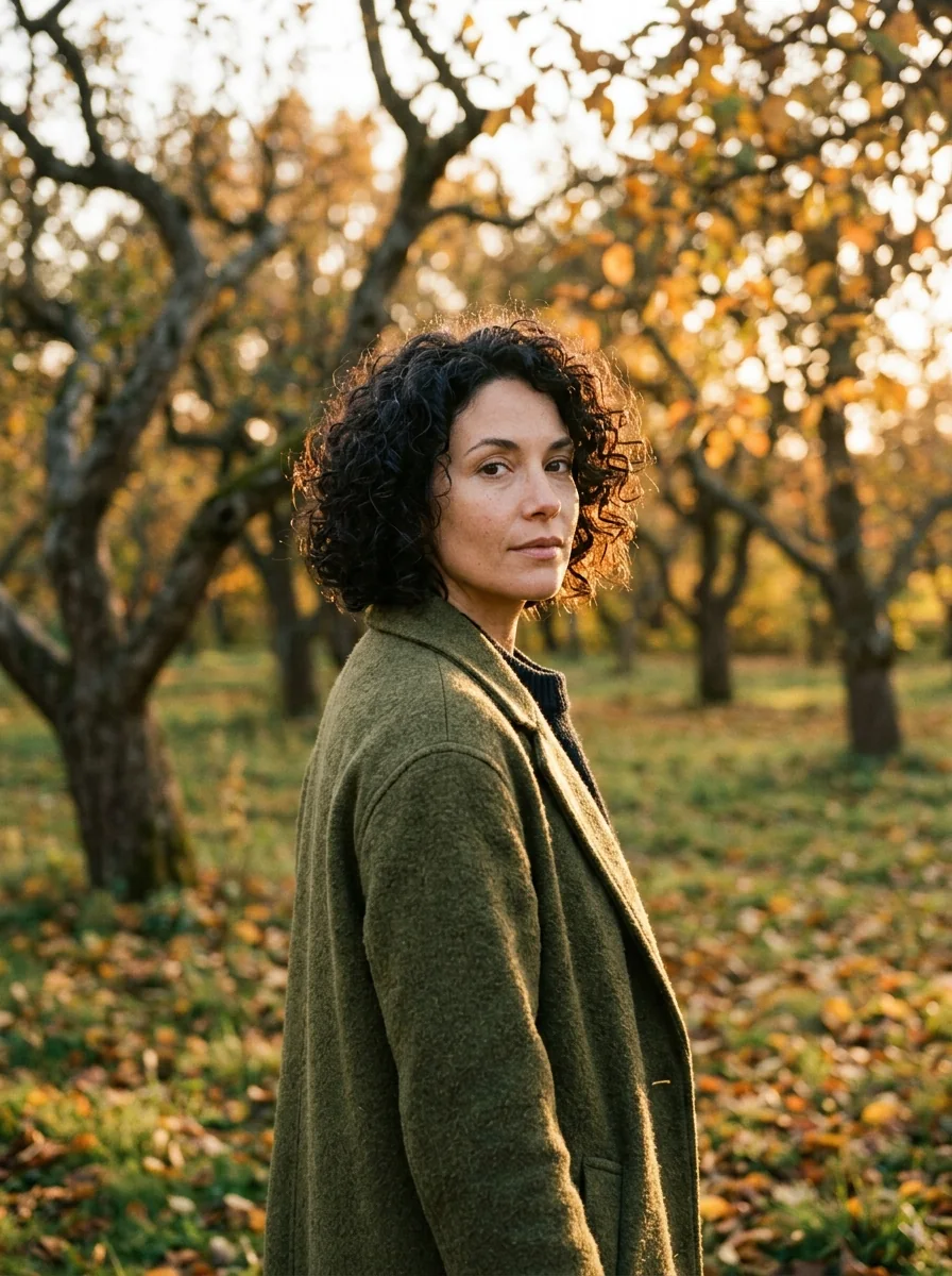 Woman in a moss-green coat in a warmly backlit autumn orchard