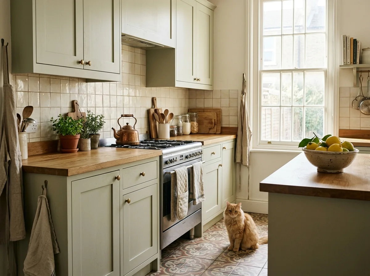 Sage kitchen cabinets, copper kettle and ginger cat in soft morning light