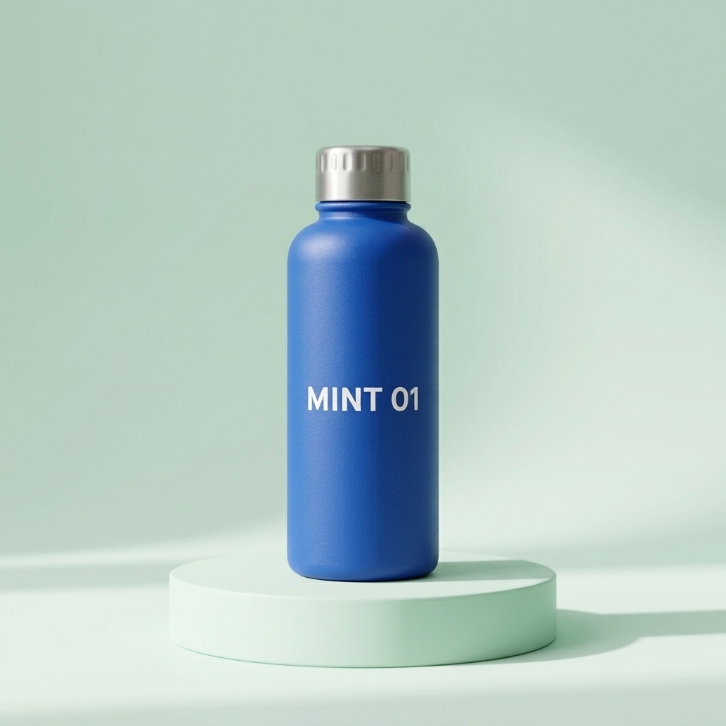 After: blue MINT 01 bottle with a silver cap on a pale mint pedestal and background