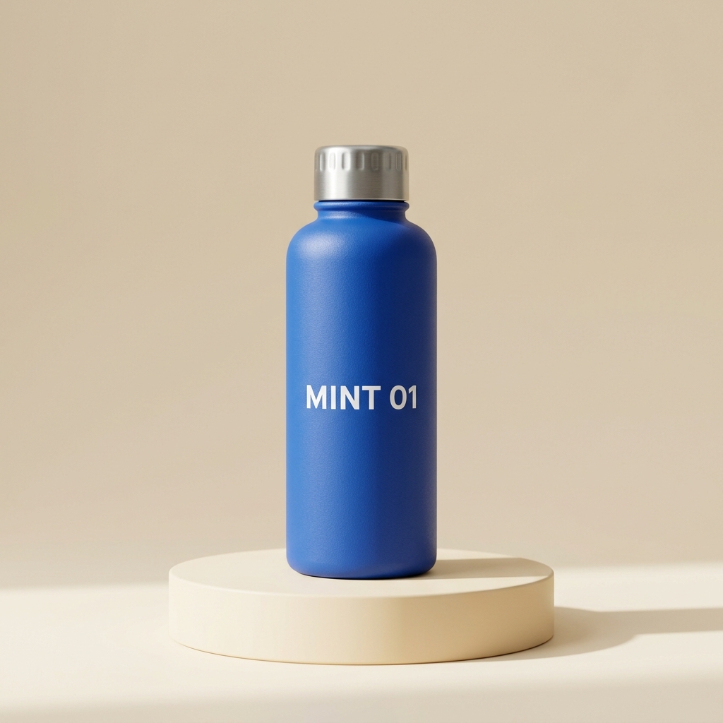 Before: blue MINT 01 bottle with a silver cap on a cream pedestal and background