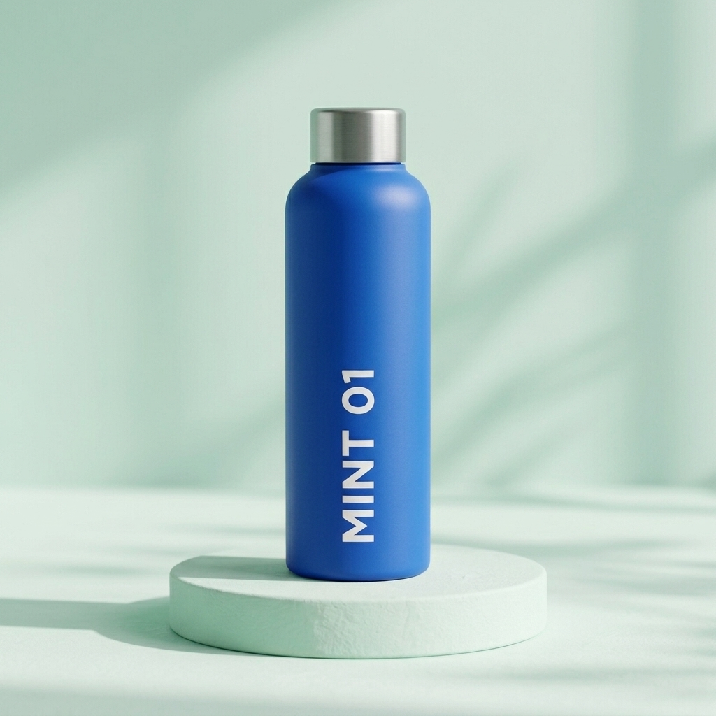 Reference edit of the same blue MINT 01 bottle on a mint green background