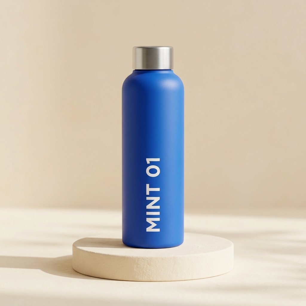 Original generated blue MINT 01 bottle on a cream background